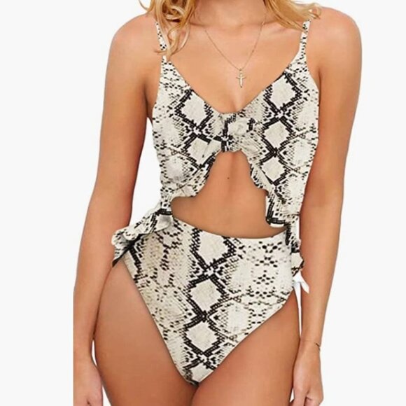 High Waisted Flounce Sexy Tie Front Lace up Retro Bikini, Snakeskin / Small - Picture 3 of 9